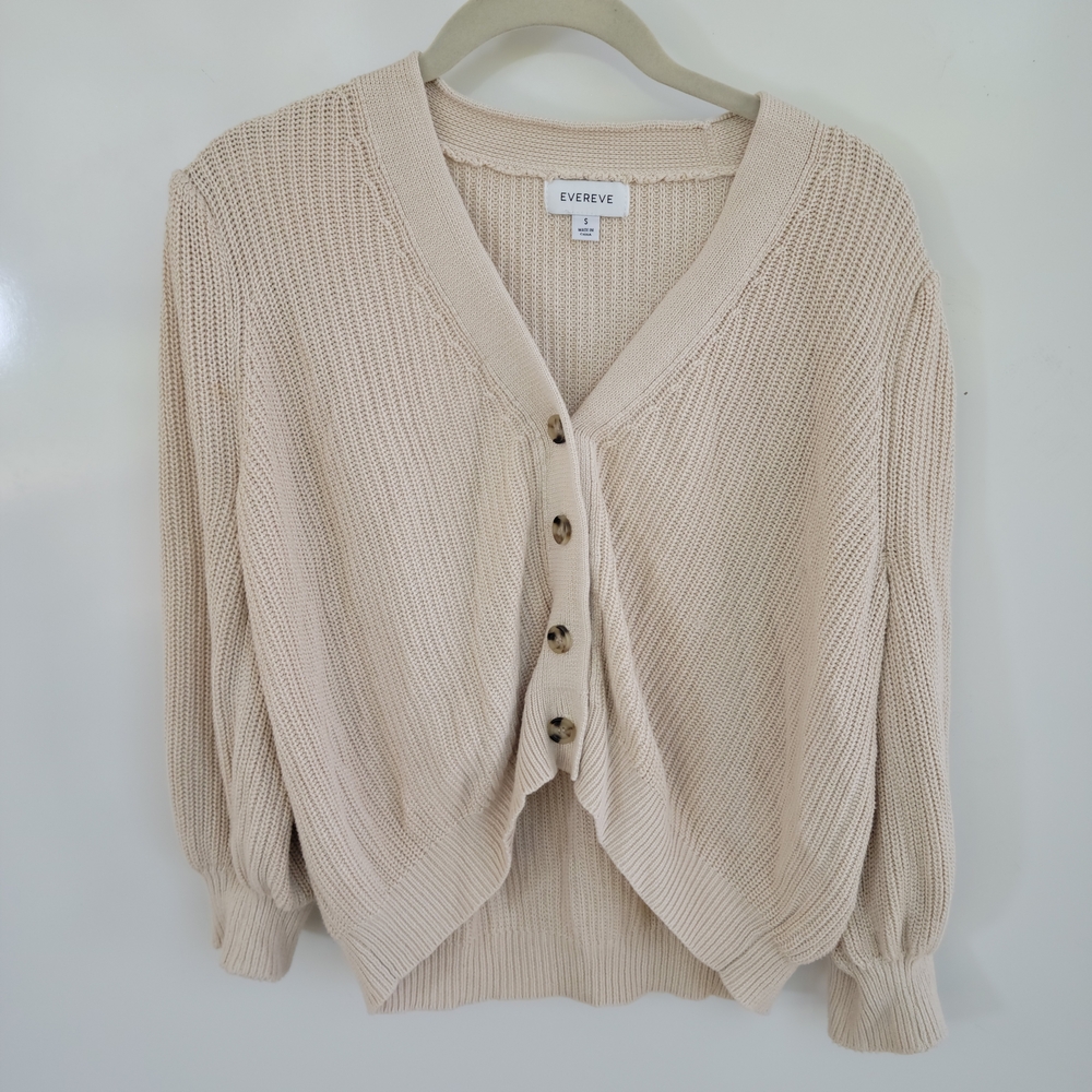 Evereve Beige Cream Button-Front Balloon Sleeve Cardigan. Size Small